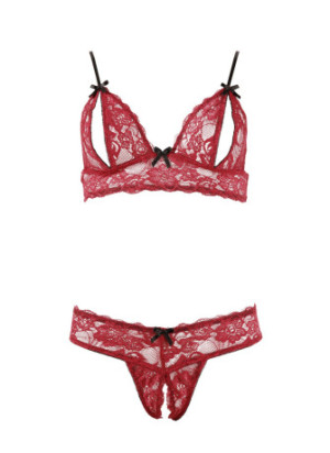 Soutien-gorge, bonnets ouverts, en dentelle rouge et string assorti - R2212447